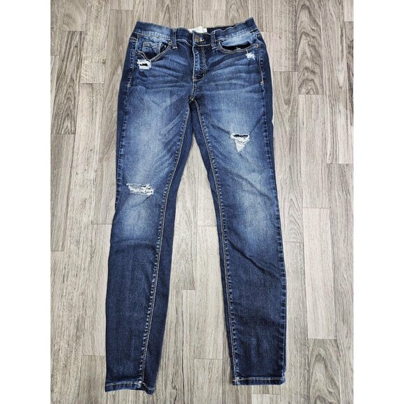 (3/$35) Mudd Jeans Women Juniors 7 Blue Low Rise Skinny Stretch Distressed Denim - Picture 1 of 11